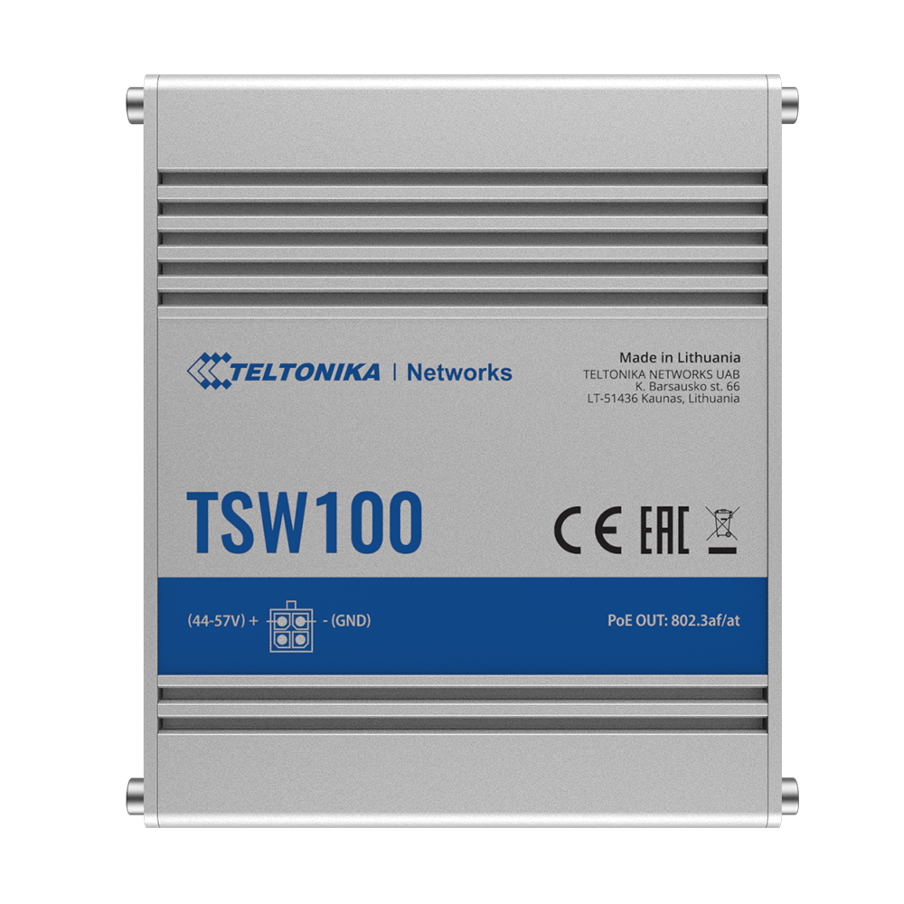 (TK-TSW100) Teltonika switch PoE industriel non manageable - 5 ports Ethernet RJ45 Gigabit - 4 Ports Ethernet PoE+ 802.3af/at - Jusqu'à 30W par port PoE - Jusqu'à 120W de puissance PoE - Boîtier en aluminium robuste