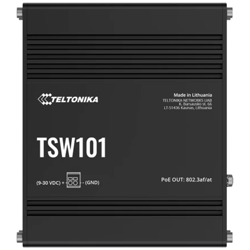(TK-TSW101) Teltonika switch PoE industriel non manageable - 5 ports Ethernet RJ45 Gigabit - 4 Ports Ethernet PoE+ 802.3af/at - Jusqu'à 30W par port PoE - Jusqu'à 60W de puissance PoE totale - Boîtier en aluminium robuste