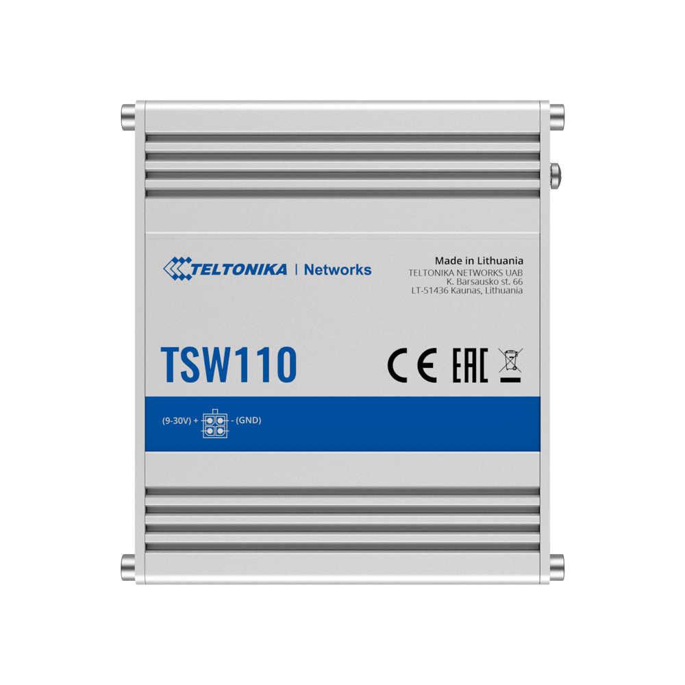 (TK-TSW110) Teltonika Switch non manageable industriel - 5 ports Ethernet RJ45 Gigabit - Boîtier en aluminium robuste - Plug and Play - Alimentation DC 9 à 30V - LED d'état