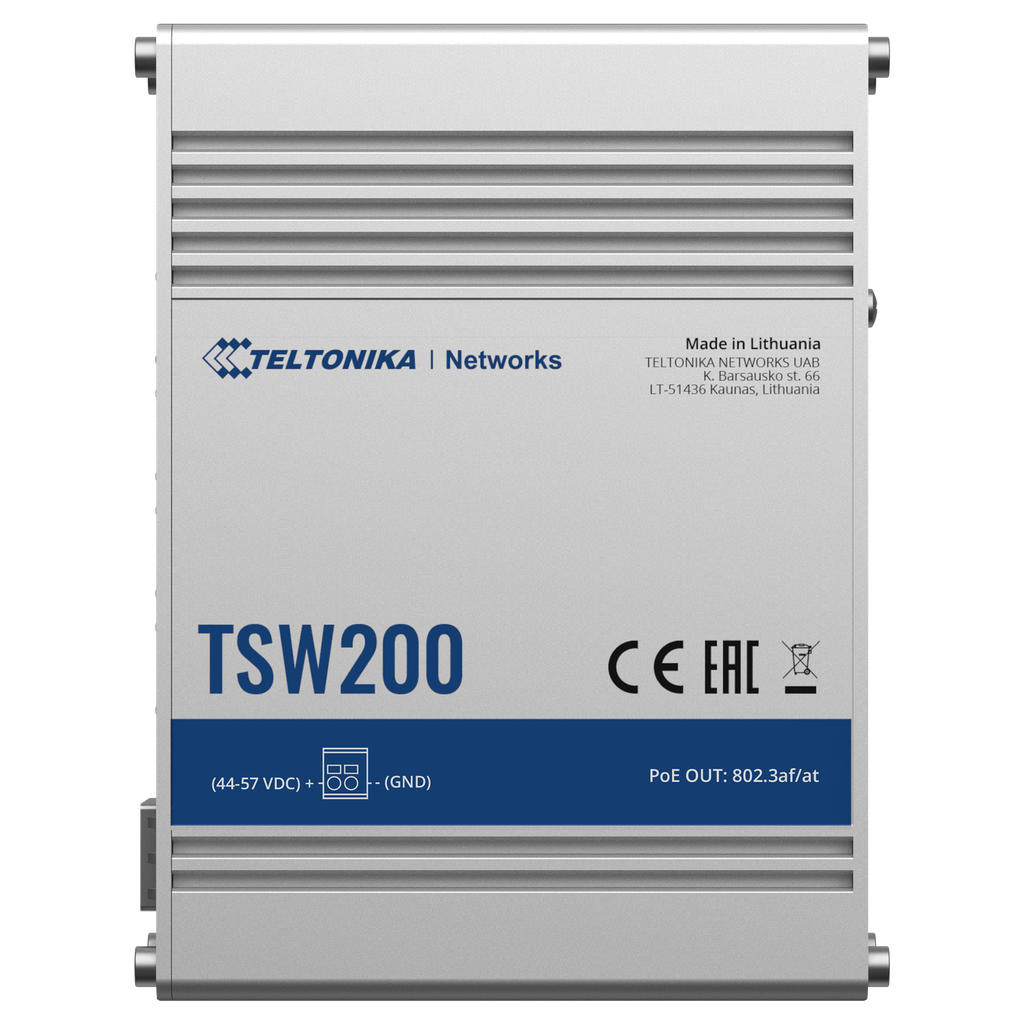 (TK-TSW200) Teltonika switch PoE industriel non manageable - 8 ports Ethernet RJ45 Gigabit +2 SFP Gigabit - 8 Ports Ethernet PoE+ 802.3af/at - Jusqu'à 30W par port PoE - Jusqu'à 240W de puissance PoE - Boîtier en aluminium robuste