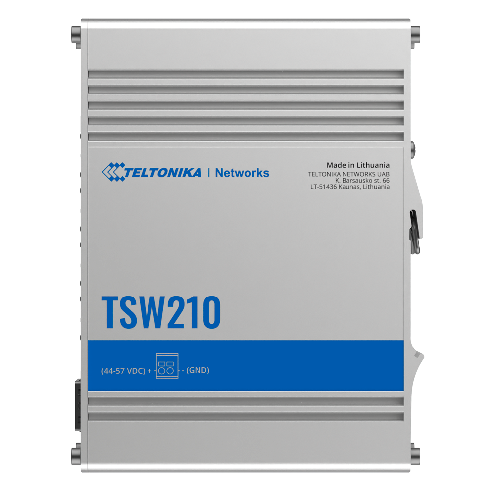 (TK-TSW210) Teltonika Switch non manageable industriel - 8 ports Ethernet RJ45 Gigabit +2 SFP Gigabit - Boîtier en aluminium robuste - Plug and Play - Alimentation DC 7 à 57V - LED d'état