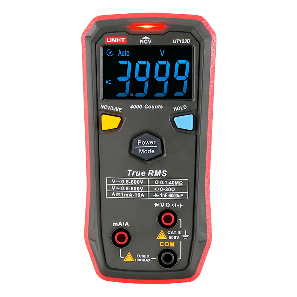 (UT123D) Multimètre numérique de poche - Mesure de la tension continue et alternative jusqu'à 600V - Mesure de courant en DC et AC jusqu'à 10A - Mesure de la résistance et de la capacité - True RMS | Fonction NVC - Buzzer pour le test de continuité