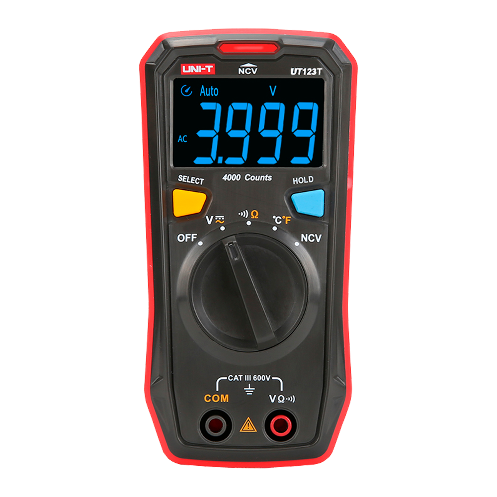(UT123T) Multimètre numérique de poche - Mesure de la tension continue et alternative jusqu'à 600V - Mesure de la température - Mesure de la résistance - Fonction CNV - Buzzer pour le test de continuité