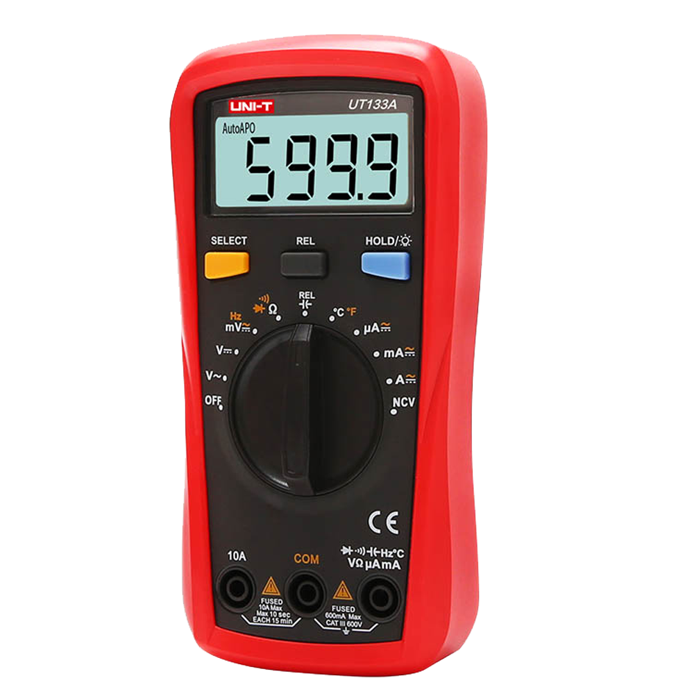 (UT133A) Multimètre numérique à main - Mesure de la tension continue et alternative jusqu'à 600V - Mesure de courant en DC et AC jusqu'à 10A - Mesure de la résistance, de la capacité et de la fréquence - Mesure de la température - Gamme Auto | Fonction NVC | Test de continuité