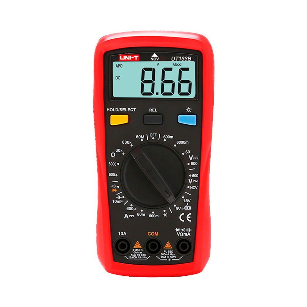 (UT133B) Multimètre numérique à main - Mesure de la tension continue et alternative jusqu'à 600V - Mesure du courant continu jusqu'à 10A - Mesure de la résistance et de la capacité - Fonction NVC | Test de continuité - Test de batterie
