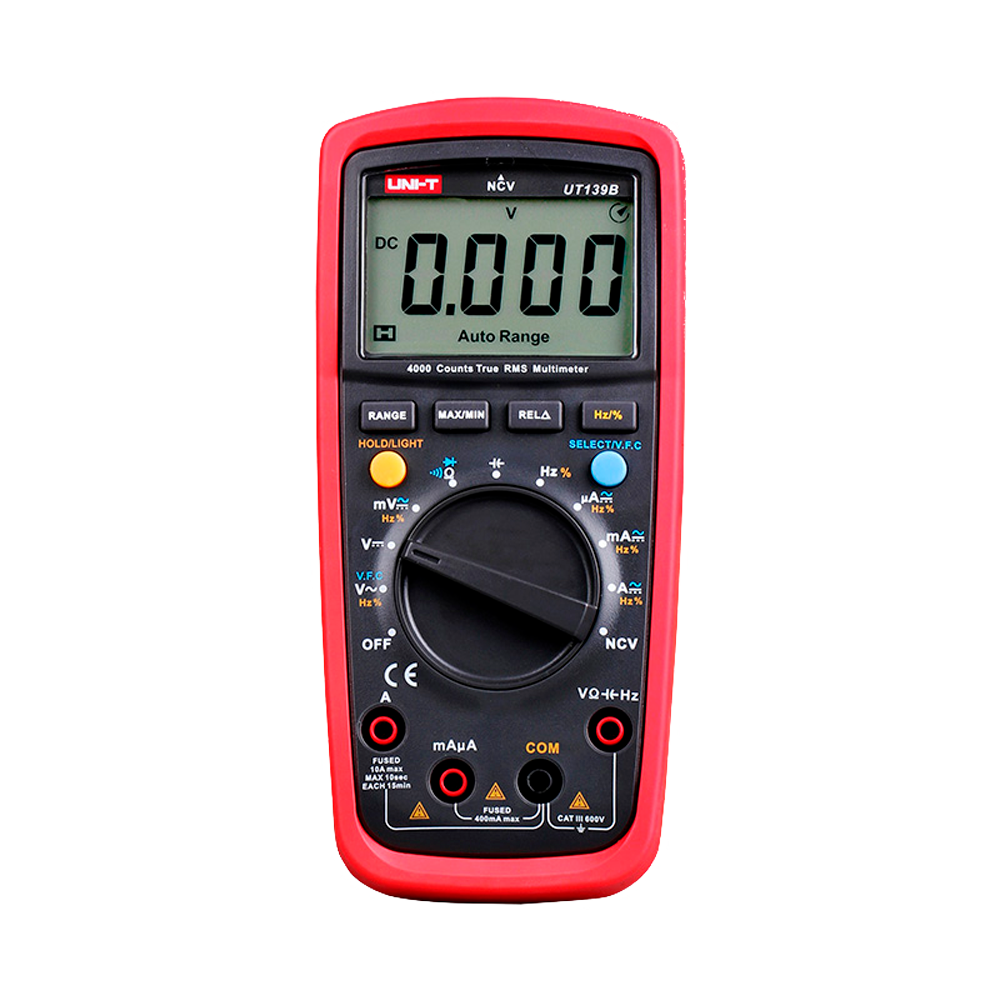 (UT139B) Multimètre numérique avec fonction True RMS - Mesure de la tension continue et alternative jusqu'à 600V - Mesure de courant en DC et AC jusqu'à 10A - Mesure de la résistance, de la capacité et de la fréquence - Buzzer pour le test de continuité