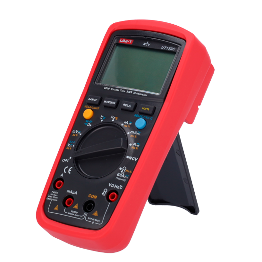(UT139C) Multimètre numérique avec fonction True RMS - Mesure de la tension continue et alternative jusqu'à 600V - Mesure de courant en DC et AC jusqu'à 10A - Mesure de la résistance, de la capacité et de la fréquence - Mesure de la température - Buzzer pour le test de continuité