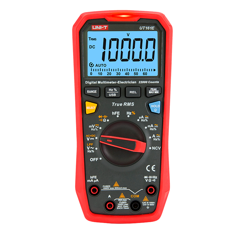 (UT161D) Multimètre digital CAT III - Écran LED de jusqu'à 6000 comptes - Mesure du courant continu et alternatif jusqu'à 1000V et 20A - Connexion via PC - Haute précision en AC avec fonction True RMS - Mesure la résistance, la capacité et la température