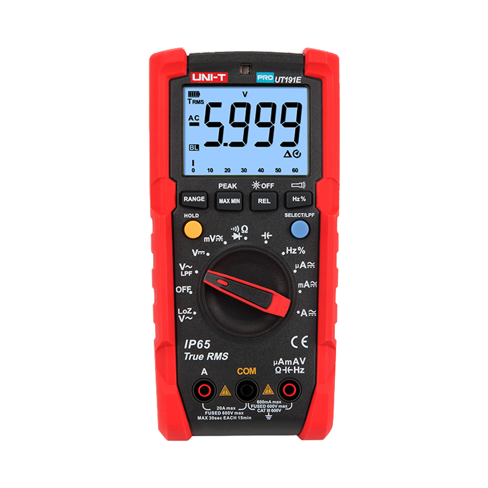 (UT191E) Multimètre numérique industriel True RMS - IP65 et résistant aux chutes de 2 m - Mesure du courant continu et alternatif jusqu'à 600V / 20 A - Lampe intégrée - Mesure de la résistance, de la capacité et de la fréquence - Buzzer pour le test de continuité
