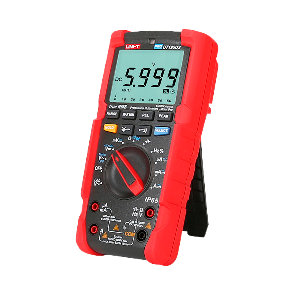 (UT195DS) Multimètre numérique industriel True RMS - IP65 et résistant aux chutes de 2 m - Mesure du courant continu et alternatif jusqu'à 1000V / 20A - Lampe intégrée - Mesure de la résistance, de la capacité et de la fréquence - Buzzer pour le test de continuité