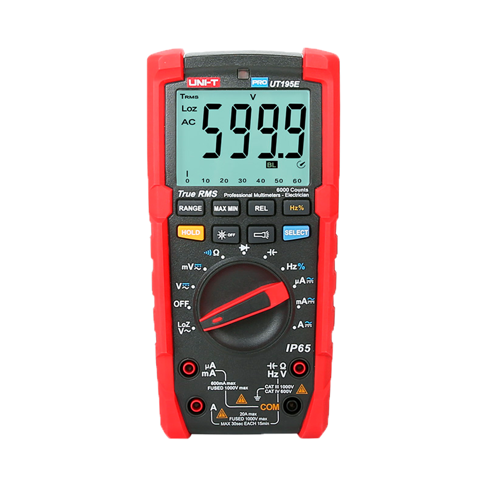 (UT195E) Multimètre numérique industriel True RMS - IP65 et résistant aux chutes de 2 m - Mesure du courant continu et alternatif jusqu'à 1000V / 20A - Lampe intégrée - Mesure de la résistance, de la capacité et de la fréquence - Buzzer pour le test de continuité