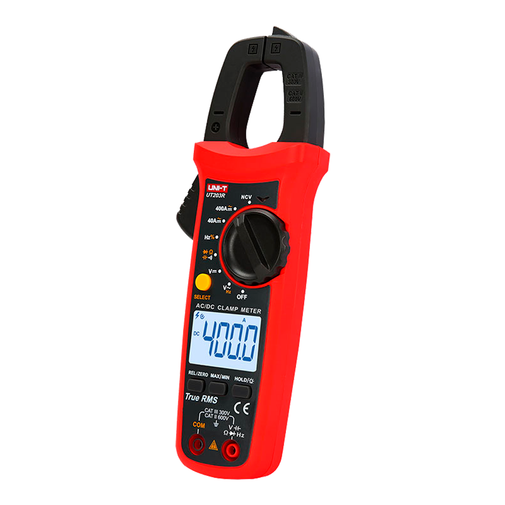 (UT203R) Pince ampèremétrique - Mesure du courant continu jusqu'à 600V et 400A - Mesure du courant alternatif jusqu'à 600V et 400A - Capacitance/fréquence - Auto Range | Test diodes | True RMS | NVC - Ouverture de la pince de 28mm