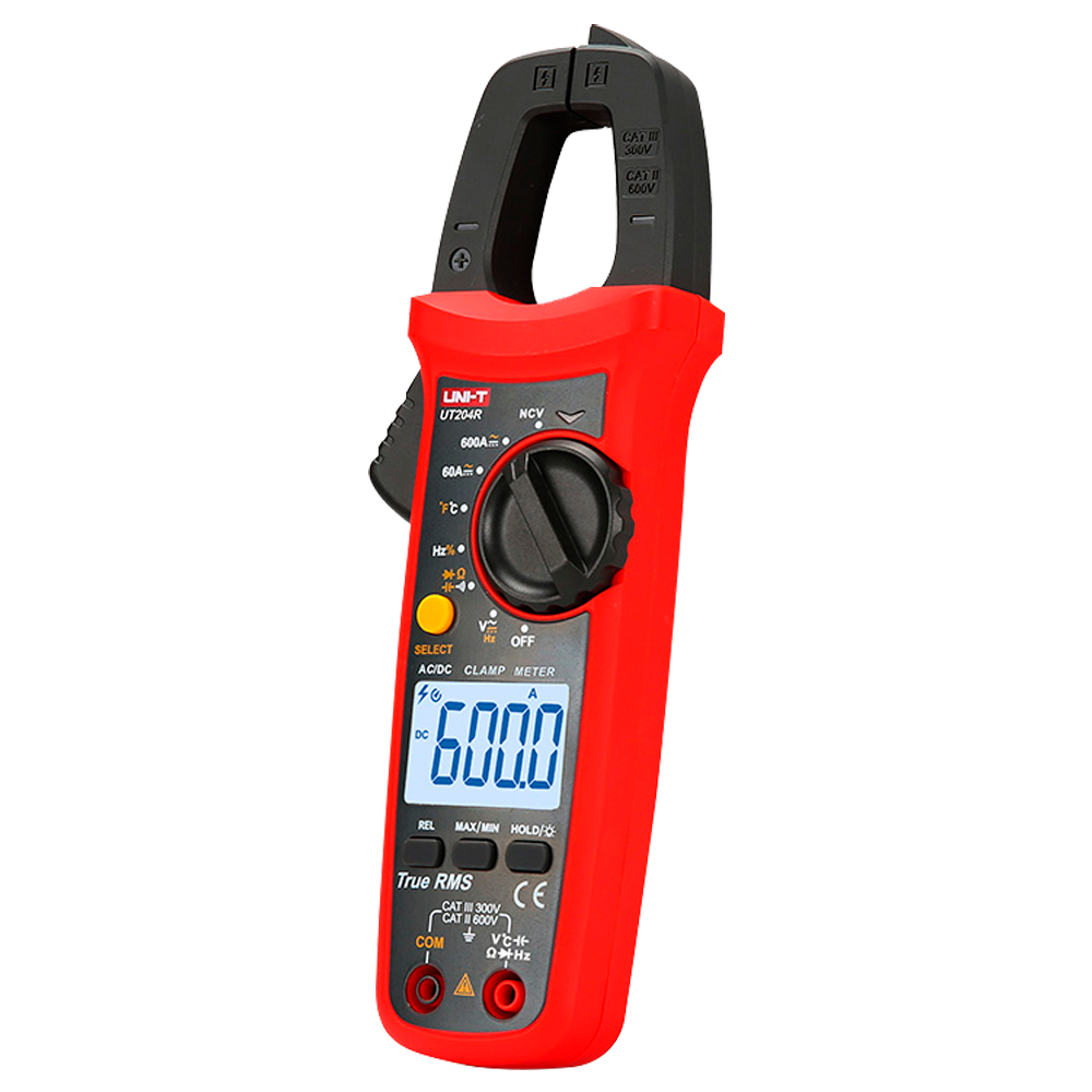 (UT204R) Pince ampèremétrique - Mesure du courant continu jusqu'à 600V et 600A - Mesure du courant alternatif jusqu'à 600V et 600A - Résistance/capacité/fréquence/température - Plage Auto | Test de Diode | True RMS - Ouverture de la pince de 28mm