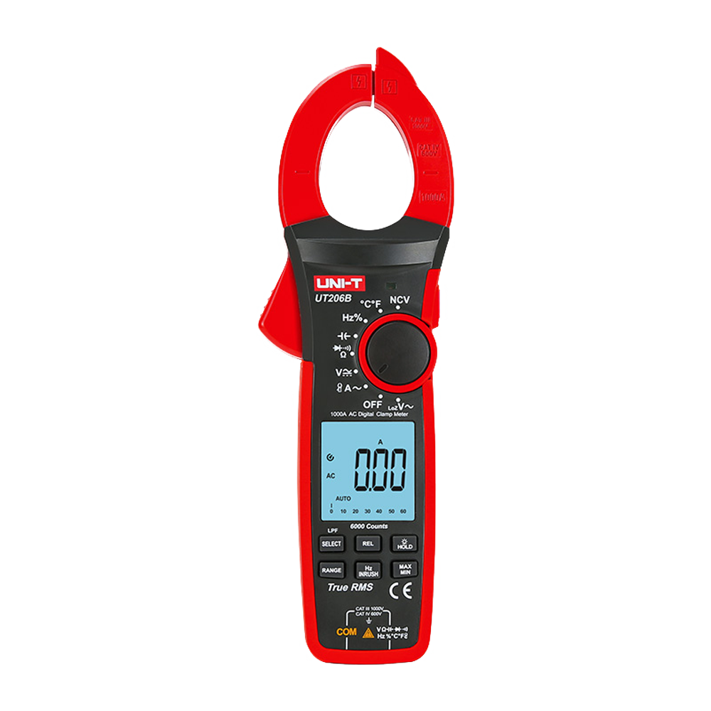 (UT206B) Pince de mesure LCD - Mesure du courant continu jusqu'à 1000V - Mesure du courant alternatif jusqu'à 1000V et 1000A - Résistance/capacité/fréquence/température - Auto Range | Test diodes | True RMS | NVC - Ouverture de la pince de 42mm