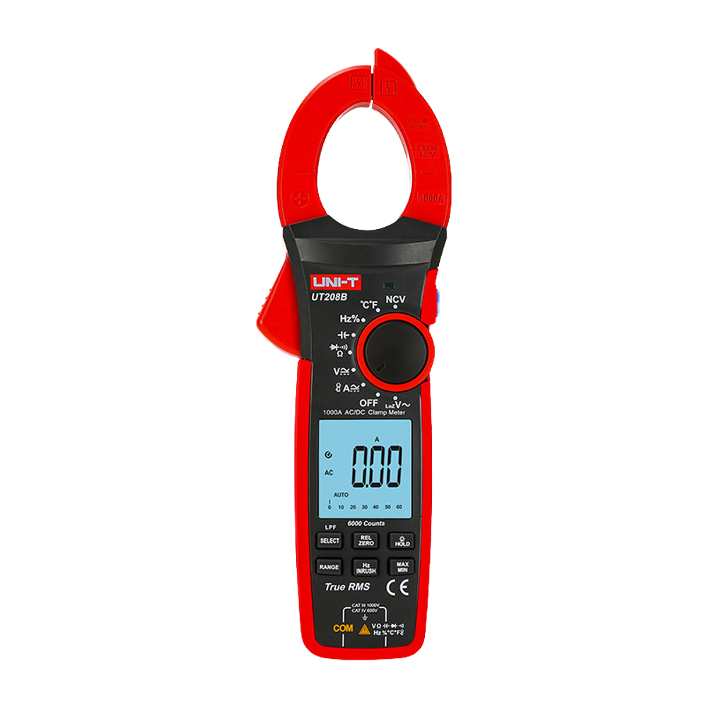 (UT208B) Pince de mesure LCD - Mesure du courant continu jusqu'à 1000V et 1000A - Mesure du courant alternatif jusqu'à 1000V et 1000A - Résistance/capacité/fréquence/température - Auto Range | Test diodes | True RMS | NVC - Ouverture de la pince de 42mm