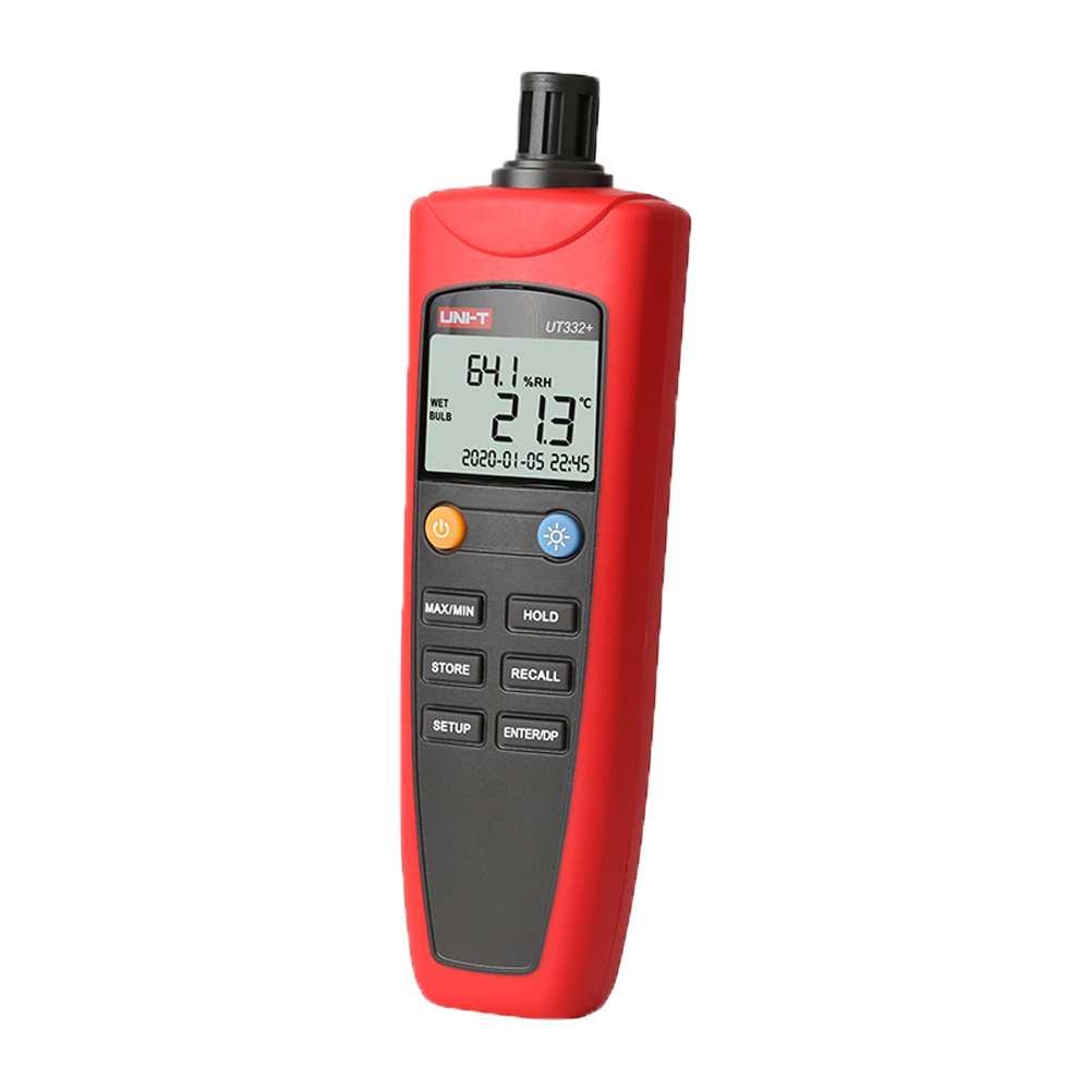 (UT332+) Compteur de conditions environnementales - Mesure de la température et de l'humidité - Conception légère et économique avec interface intuitive - Arrêt automatique - Point de rosée et refroidissement éolien - Connexion USB au logiciel PC