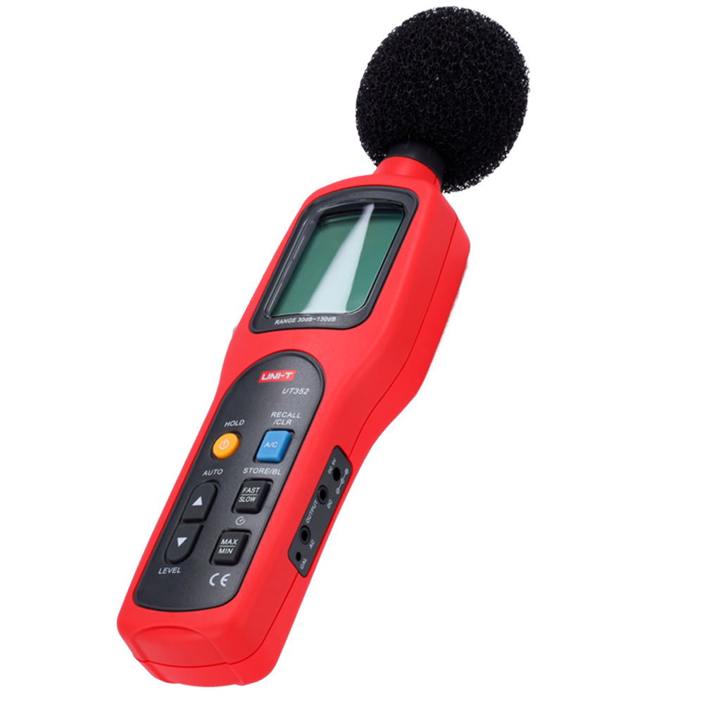 (UT352) Sonomètre - Convient pour les mesures industrielles et à haute pression - Capture le bruit jusqu'à 130 dB avec une réponse rapide - Ecran LCD rétro-éclairé : Mémoire - Conception ergonomique et légère avec interface intuitive - Arrêt automatique