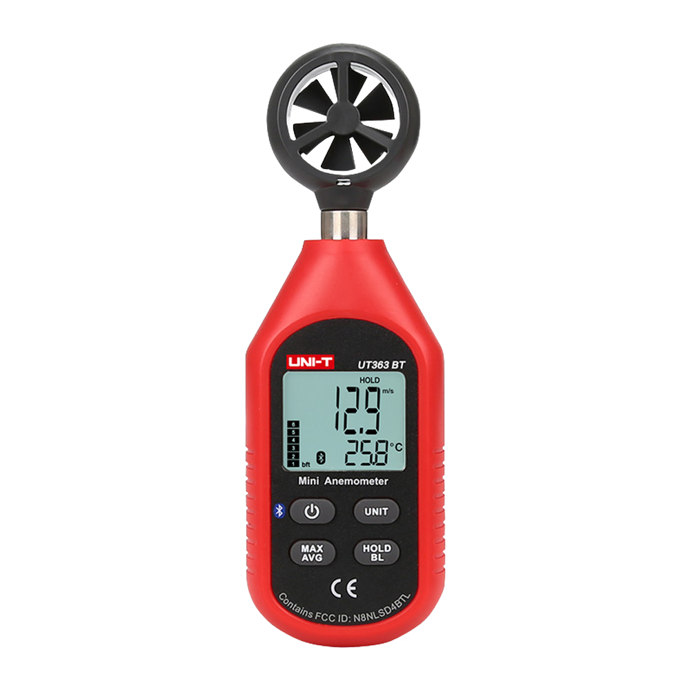 (UT363-BT) Anémomètre manuel - Capteur de vitesse du vent de haute précision - Capteur de température - Valeurs maximales, minimales et moyennes - Connexion à l'application via Bluetooth - Écran LCD rétroéclairé