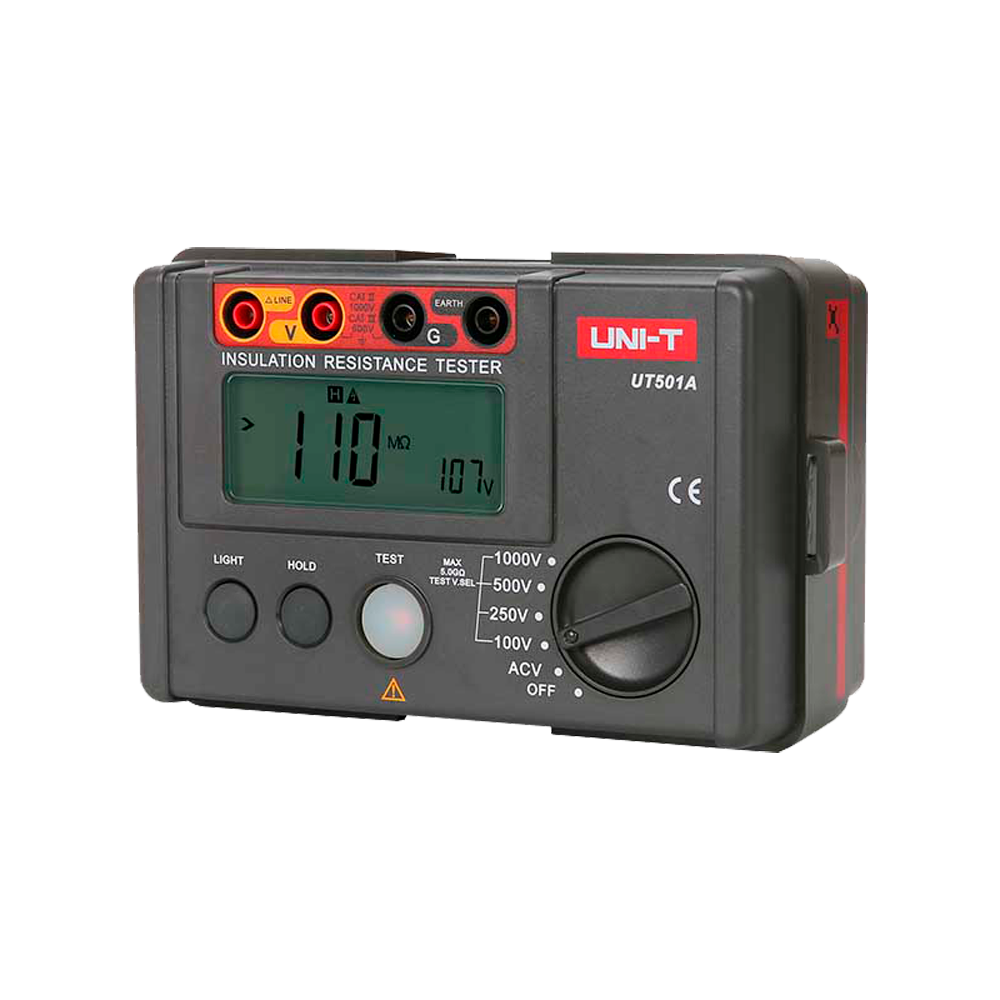 (UT501A) Mesure de la résistance de l'isolation électrique - Affichage LCD jusqu'à 2000 comptes - Mesure de la tension AC jusqu'à 750V - Arrêt automatique - Plages 100V/250V/500V/1000V