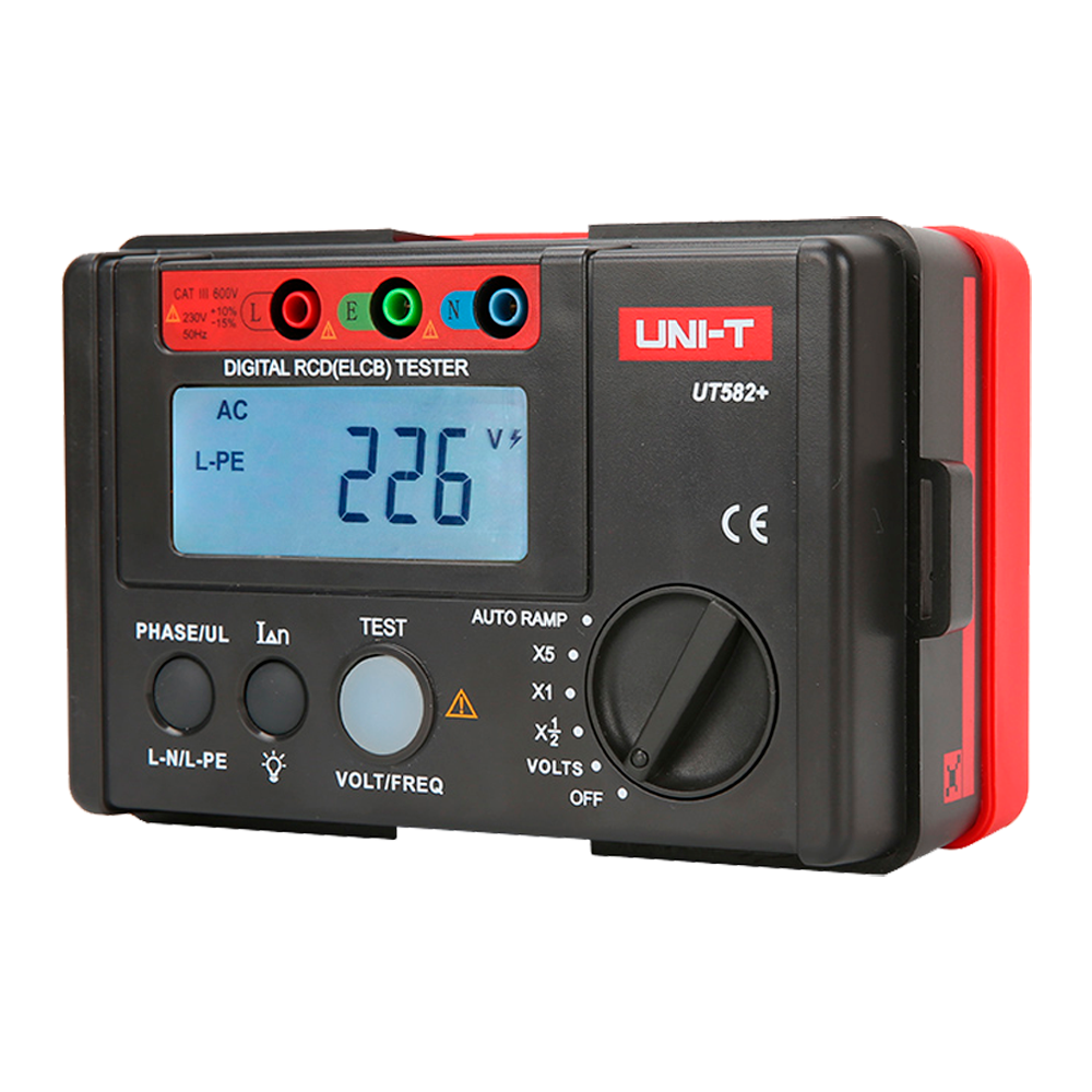 (UT582+) Testeur de temps de déclenchement différentiel - Affichage LCD jusqu'à 1000 comptes - Compatible avec les circuits monophasés 195V~253V - Mesure de la tension AC jusqu'à 600V  - Sélecteur de phase 0º et 180º - Arrêt automatique