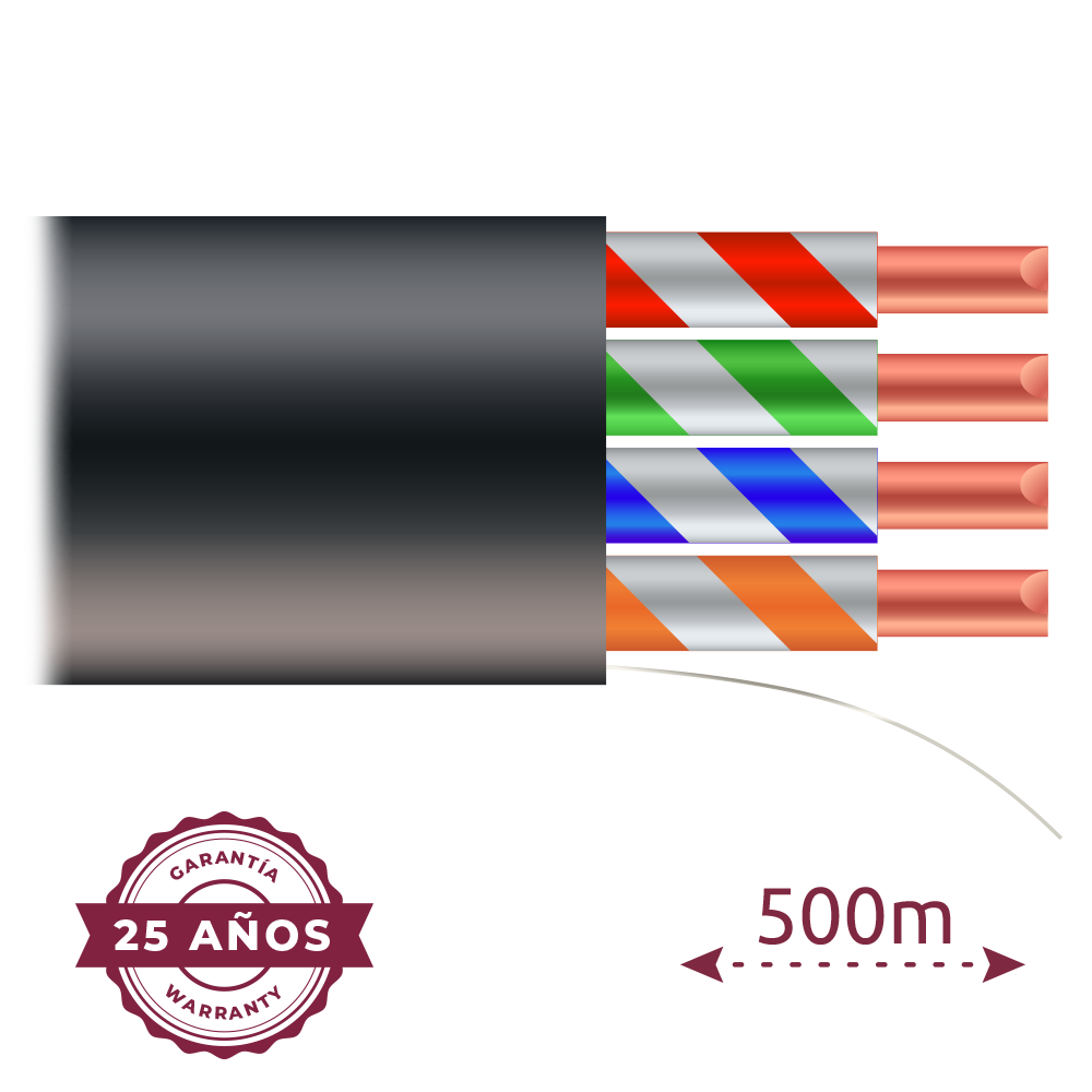 (UTP5E-500-OUTDOOR) Câble UTP - Catégorie 5E - Bobine de 500 mètres - Gaine Noire - Diamètre 5.5 mm - Spéciale pour extérieur