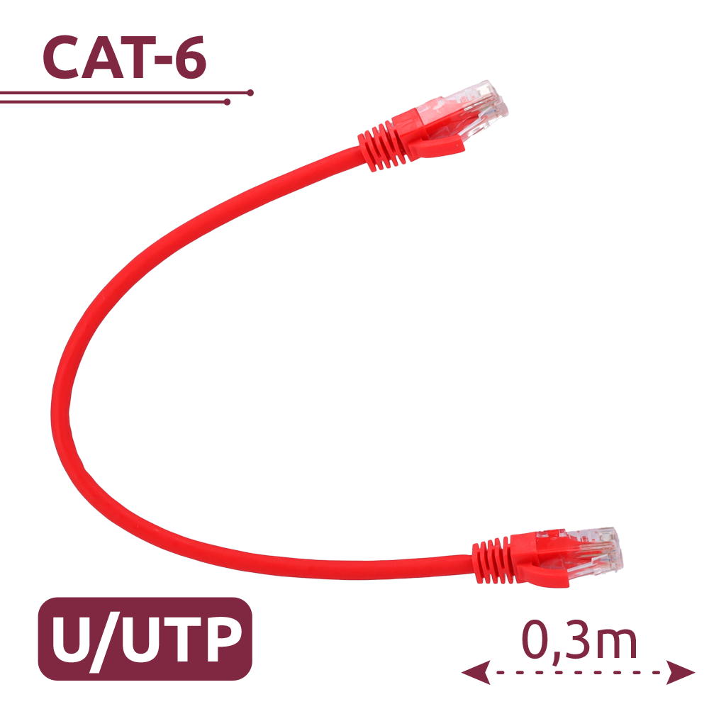 (UTP6-H-03R) Câble UTP - Ethernet - Connecteurs RJ45 - Catégorie 6 - 0,3 m - Couleur rouge