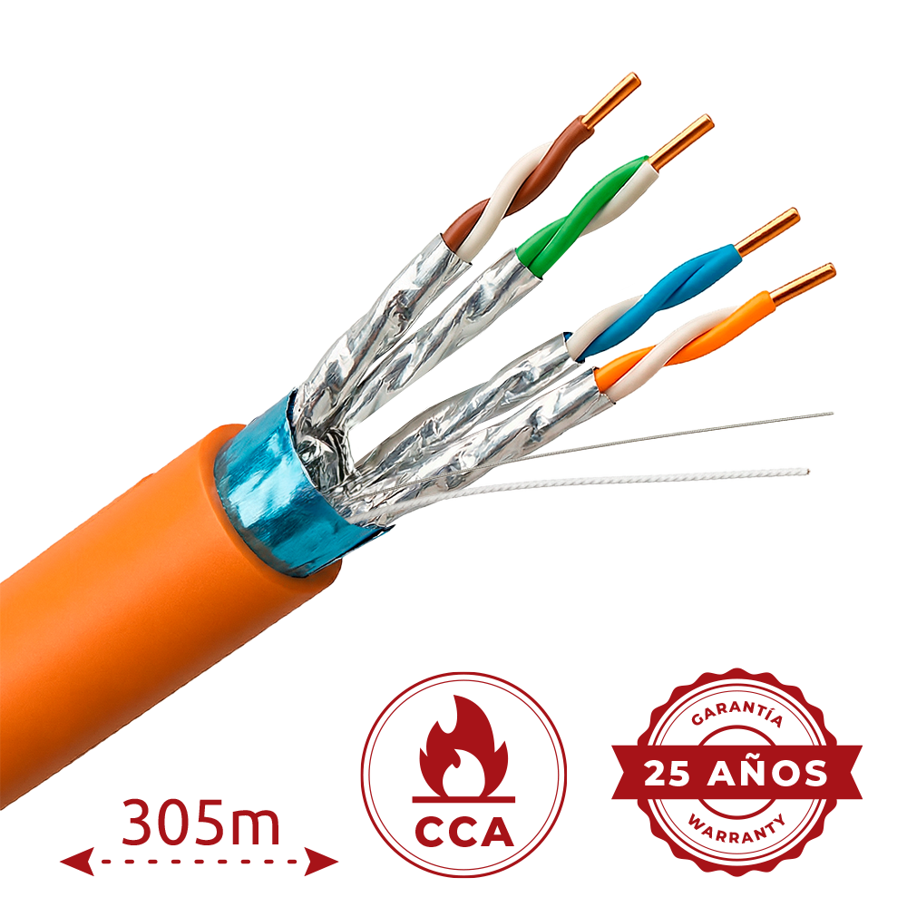 (UV-FTP6A-300-BC23AWG-DCA-R-O) Câble Uniview F/FTP de catégorie 6A - Conducteur OFC,100% cuivre - Diamètre 23 AWG-0,57mm - Certifié CPR Cca - Revêtement extérieur LSZH / Orange - Fourni en bobines de bois de 305 mètres