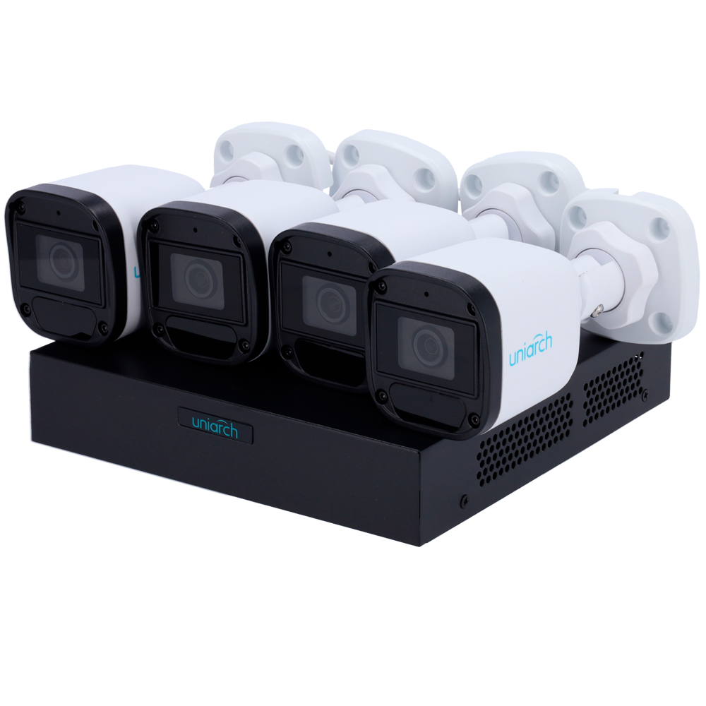 (UV-KIT118-B42POE) Kit de vidéosurveillance Uniarch - NVR 8CH PoE - 4 Caméras bullet IP67 - 2 MP | 2.8 mm | IR 30 m  - Espace pour 1 HDD - Compatible avec ONVIF