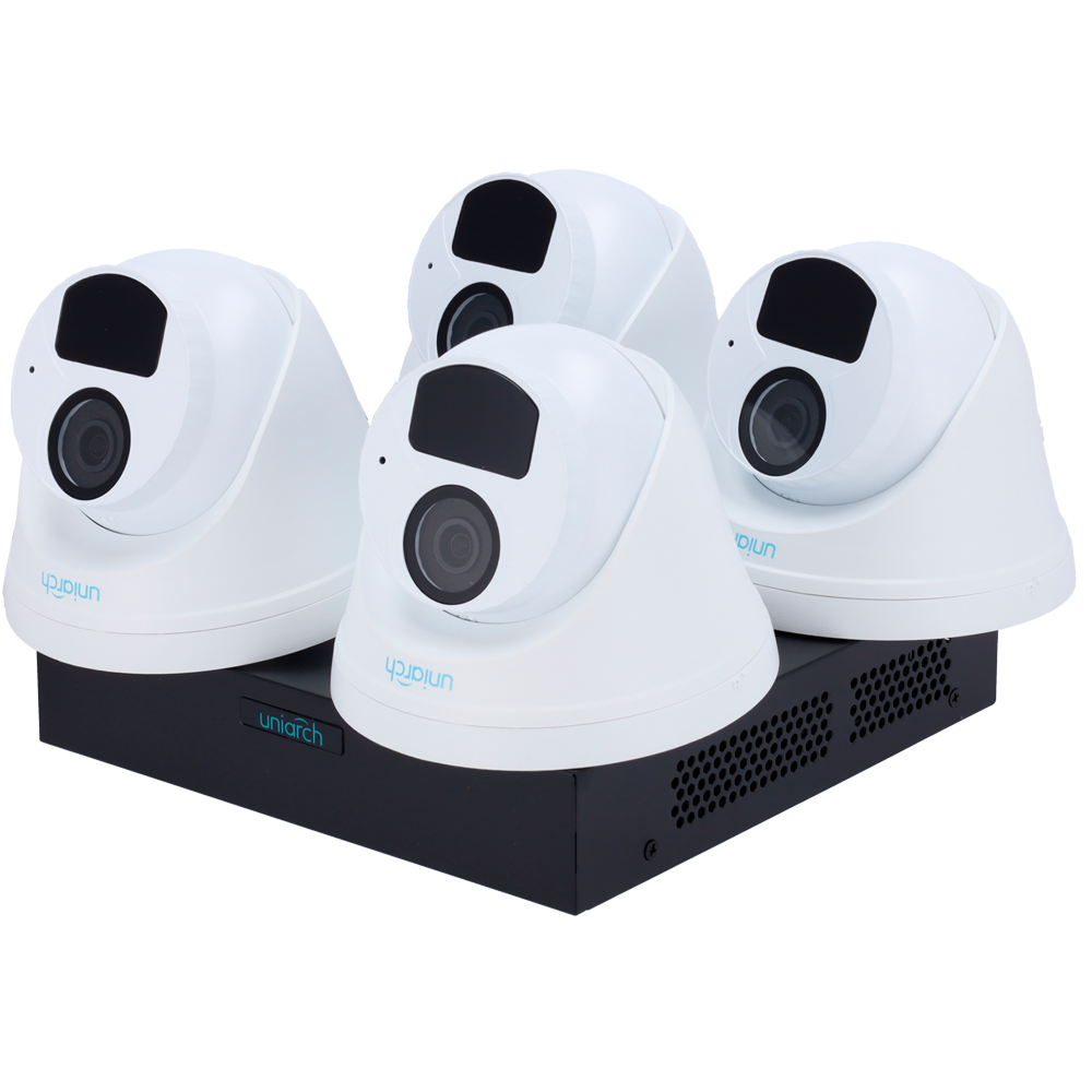 (UV-KIT118-T42POE) Kit de vidéosurveillance Uniarch - NVR 8CH PoE - 4 Caméras Turret IP67 - 2 MP | 2.8 mm | IR 30 m  - Espace pour 1 HDD - Compatible avec ONVIF