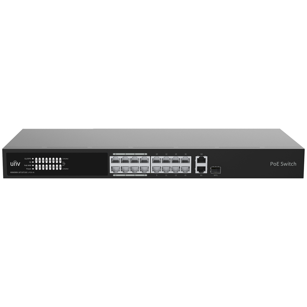 (UV-NSW3000-16T1GT1GC-LPOE-IN) Switch Manageable Cloud PoE Uniview - 16 PoE802.3af/at + 1 liaison uplink RJ45 +1 Combo uplink - 16 RJ45 10/100 Mbps + 1 SFP 10/100/1000 - 30W par port 802.3af/at / Maximum 150W - VLAN/Port Isolation/Loop Detection - Port Speed Limit