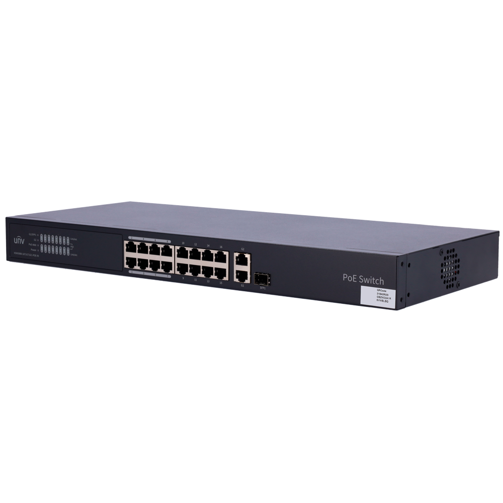 (UV-NSW3000-16T1GT1GC-POE-IN) Switch Manageable Cloud PoE Uniview - 16 PoE802.3af/at + 1 liaison uplink RJ45 +1 Combo uplink - 16 RJ45 10/100 Mbps + 1 SFP 10/100/1000 - 30W par port 802.3af/at / Maximum 250W - VLAN/Port Isolation/Loop Detection - Port Speed Limit