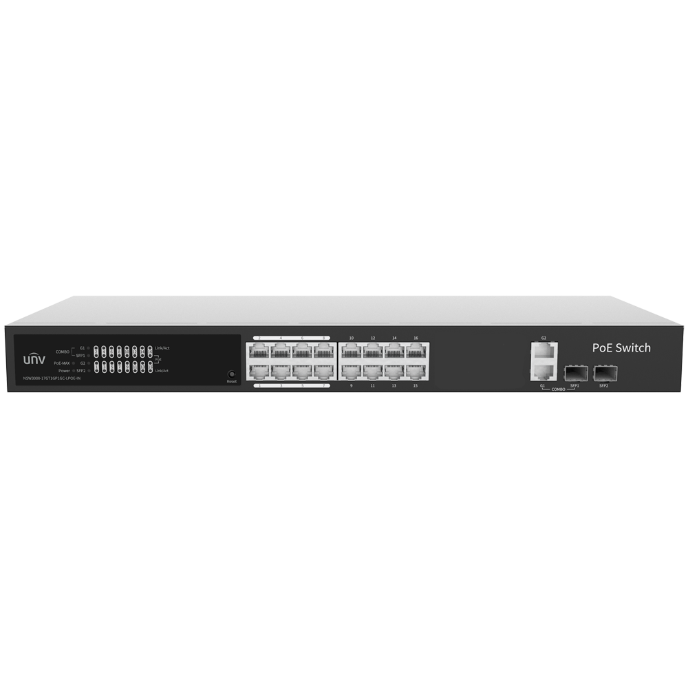 (UV-NSW3000-17GT1GP1GC-LPOE-IN) Switch Manageable Cloud PoE Uniview - 16 PoE802.3af/at + 2 liaison montante RJ45 + 2 SFP - 16 RJ45 FE + 2 GE + 2 SFP - 30W par port 802.3af/at / Maximum 150W - VLAN/Port Isolation/Loop Detection - Port Speed Limit
