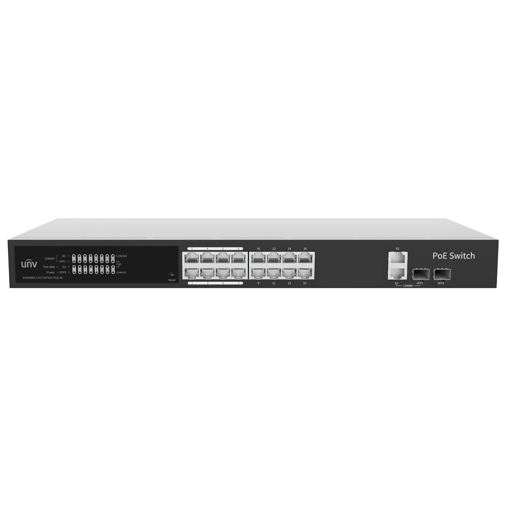 (UV-NSW3000-17GT1GP1GC-POE-IN) Switch Manageable Cloud PoE Uniview - 16 PoE802.3af/at + 2 liaison montante RJ45 + 2 SFP - 16 RJ45 FE + 2 GE + 2 SFP - 30W par port 802.3af/at / Maximum 250W - VLAN/Port Isolation/Loop Detection - Port Speed Limit