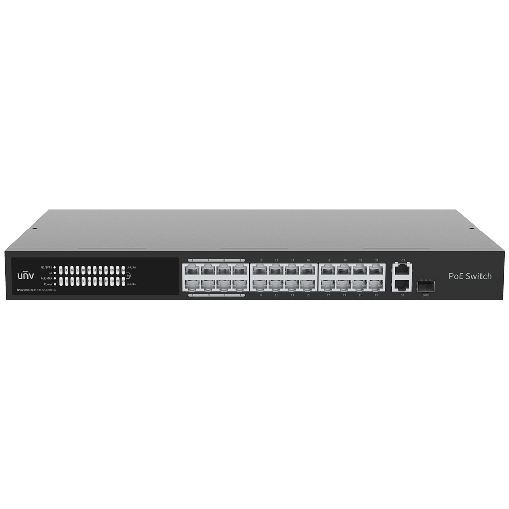 (UV-NSW3000-24T1GT1GC-LPOE-IN) Switch Manageable Cloud PoE Uniview - 24 PoE802.3af/at + 1 liaison uplink RJ45 +1 Combo uplink - 24 RJ45 FE + 2 RJ45 GE + 1 SFP - 30W par port 802.3af/at / Maximum 250W - VLAN/Port Isolation/Loop Detection - Port Speed Limit