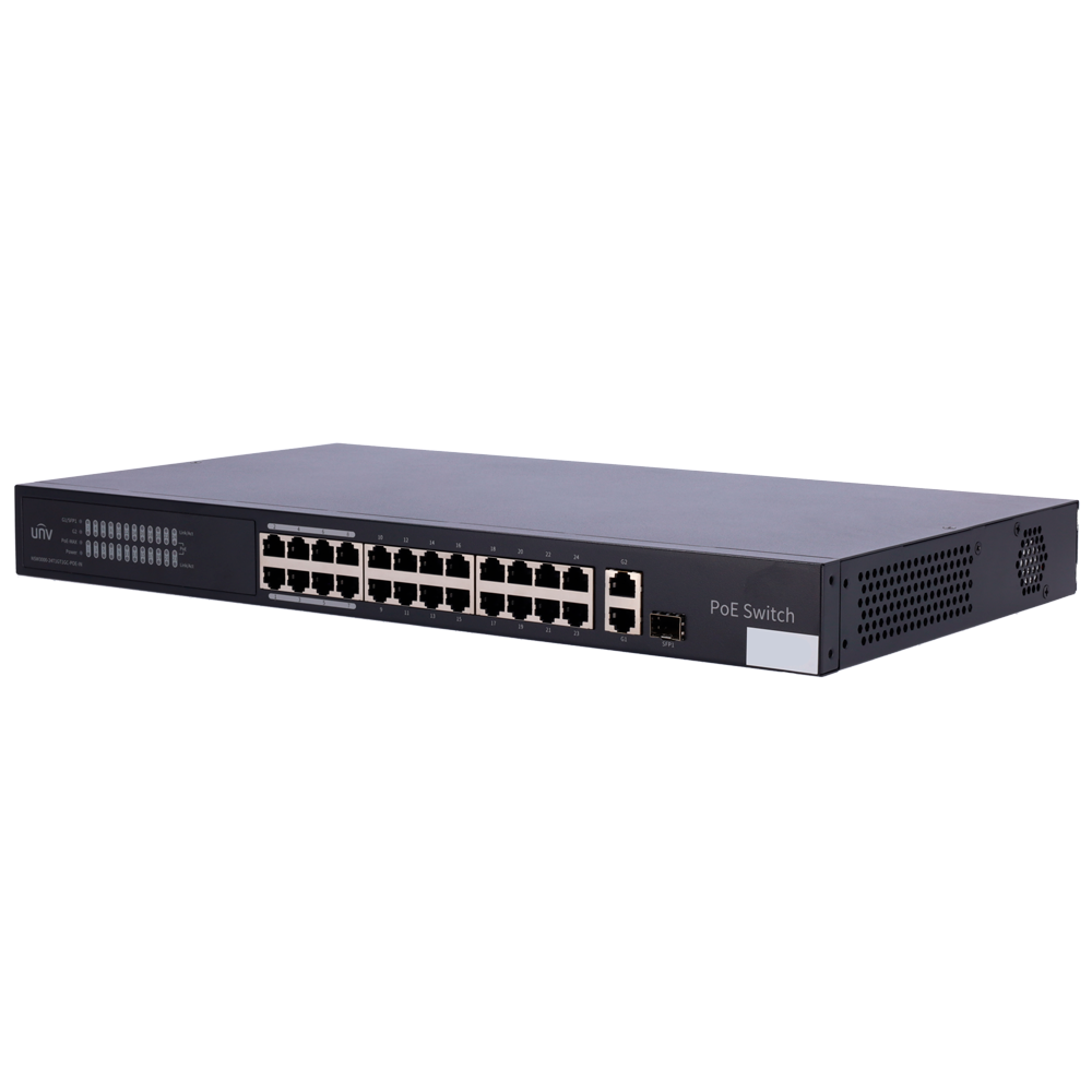 (UV-NSW3000-24T1GT1GC-POE-IN) Switch Manageable Cloud PoE Uniview - 24 PoE802.3af/at + 1 liaison uplink RJ45 +1 Combo uplink - 24 RJ45 10/100Mbps + 1 SFP 10/100/1000 - 30W par port 802.3af/at / Maximum 370W - VLAN/Port Isolation/Loop Detection - Port Speed Limit