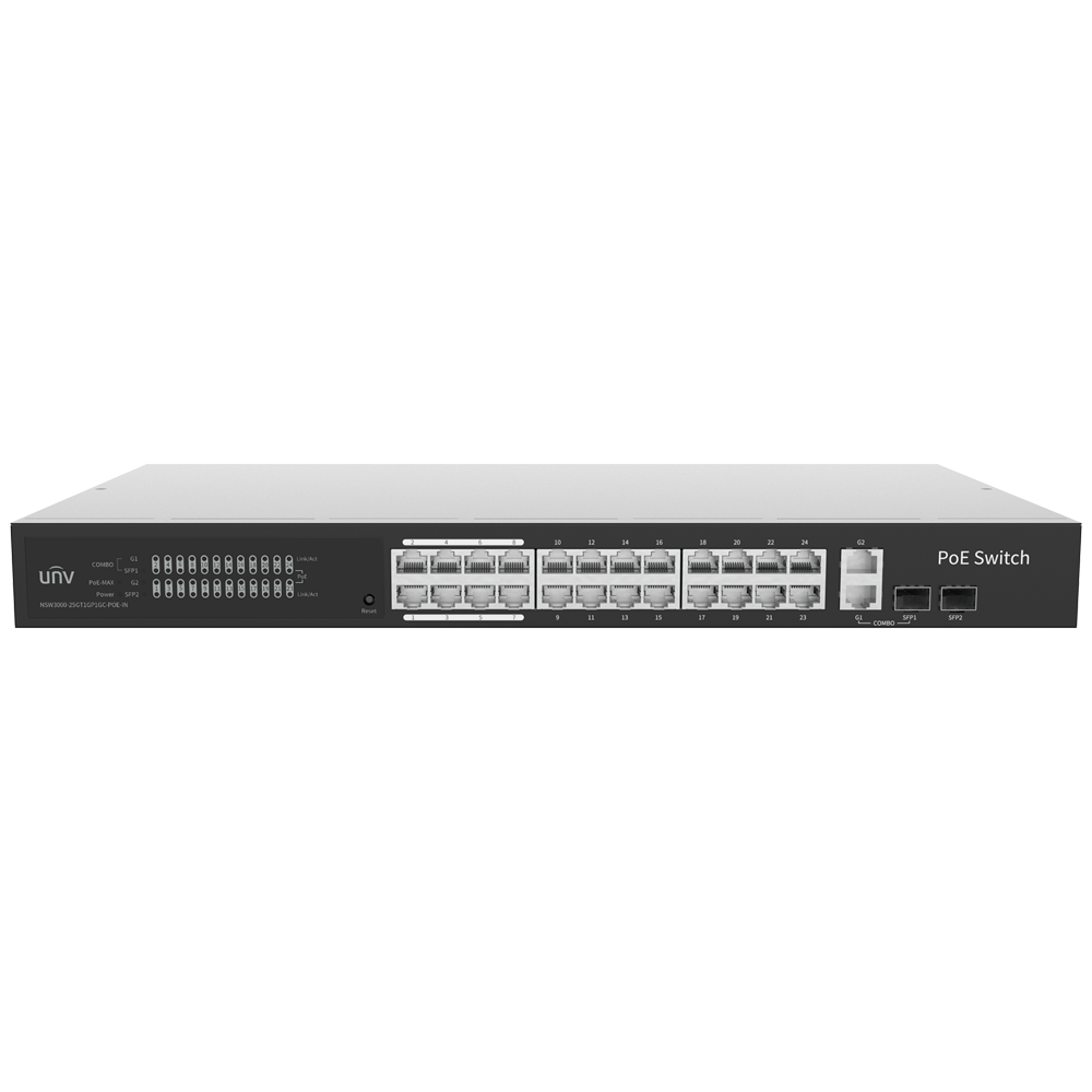 (UV-NSW3000-25GT1GP1GC-POE-IN) Switch Manageable Cloud PoE Uniview - 24 PoE802.3af/at + 2 liaison montante RJ45 + 2 SFP - 24 RJ45 FE + 2 GE + 2 SFP - 30W par port 802.3af/at / Maximum 370W - VLAN/Port Isolation/Loop Detection - Port Speed Limit