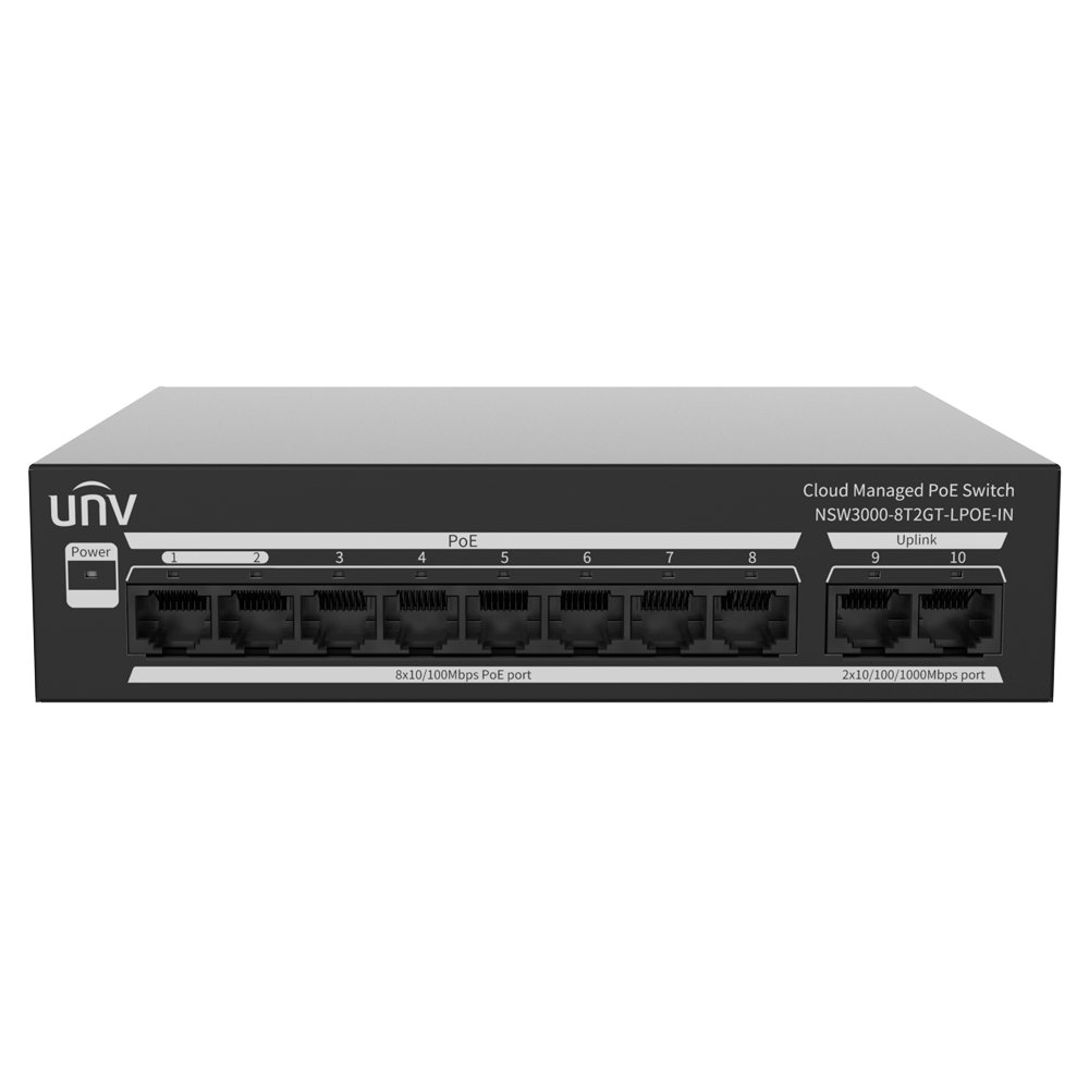 (UV-NSW3000-8T2GT-LPOE-IN) Switch Manageable Cloud PoE Uniview - 8 PoE802.3af/at + 2 uplink RJ45  - 8 RJ45 10/100 Mbps + 2 RJ45 10/100/1000 Mbps - 30W par port 802.3af/at / Maximum 65W - VLAN/Port Isolation/Loop Detection - Port Speed Limit