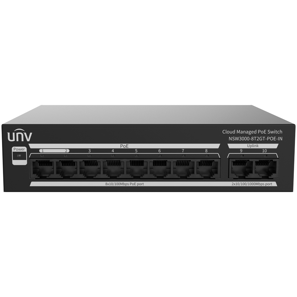 (UV-NSW3000-8T2GT-POE-IN) Switch Manageable Cloud PoE Uniview - 8 PoE802.3af/at + 2 uplink RJ45  - 8 RJ45 10/100 Mbps + 2 RJ45 10/100/1000 Mbps - 30W par port 802.3af/at / Maximum 120W - VLAN/Port Isolation/Loop Detection - Port Speed Limit