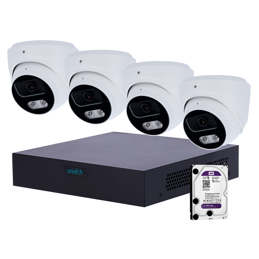 (UV-NVRKIT108T-4) Kit de vidéosurveillance Uniarch - NVR 8 Canaux IP Disque dur 1  To - 4 Caméras Turret IP67 - Plug &amp; Play | UMD | PoE - Détection des personnes et des véhicules - Interface WEB, CMS, Smartphone et NVR