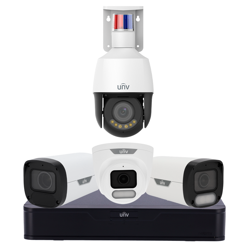 (UV-STARTERKIT-01) Kit de vidéosurveillance Uniview - NVR 8CH PoE | AcuSearch | SIP | UMD - Bullet 4 MP Wise-ISP | SIP Lite | 2.8 mm - Turret4 MP Wise-ISP | SIP Lite | 2.8 mm - Bullet 4 MP | Objectif varifocal 2.8~12 mm - PTZ 4MP 5x Wise-ISP Triguard | 2.7~13.5 mm