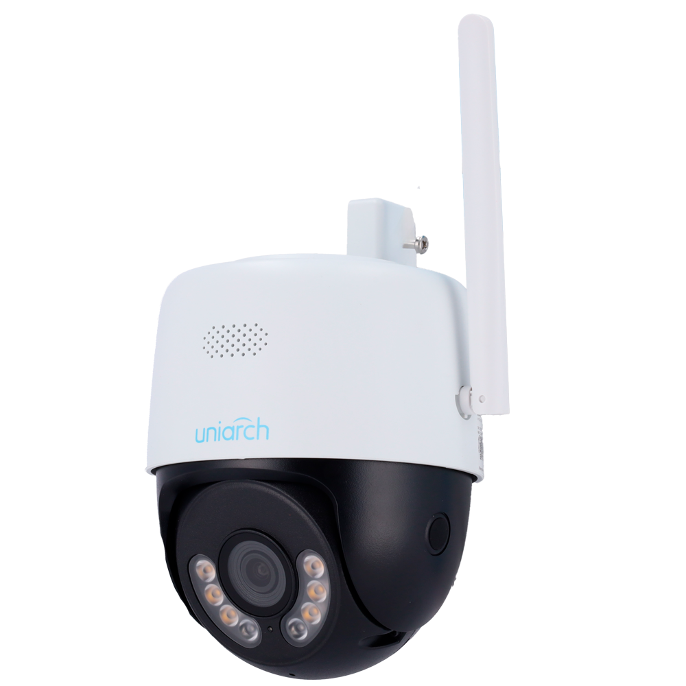 (UV-UHO-P1H-M3F4D) Cámara IP PTl WiFi Uniarch - 3 MP | Lente 4.0 mm | microSD 512 GB - IR 30 m | Luz blanca 10 m | DWDR - Autotracking | 20 Presets - IP67 | Wi-Fi - Mic | Altavoz | Botón de reset