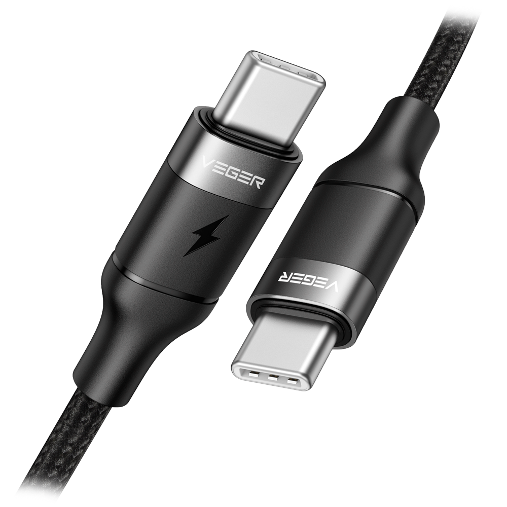 (VG-CC02) Veger - Câble USB2.0 pour ordinateurs portables - USB-C à USB-C - Couvercle métallique, nylon tressé  - Longueur 1.5m - Charge rapide PD100W : Couleur noire