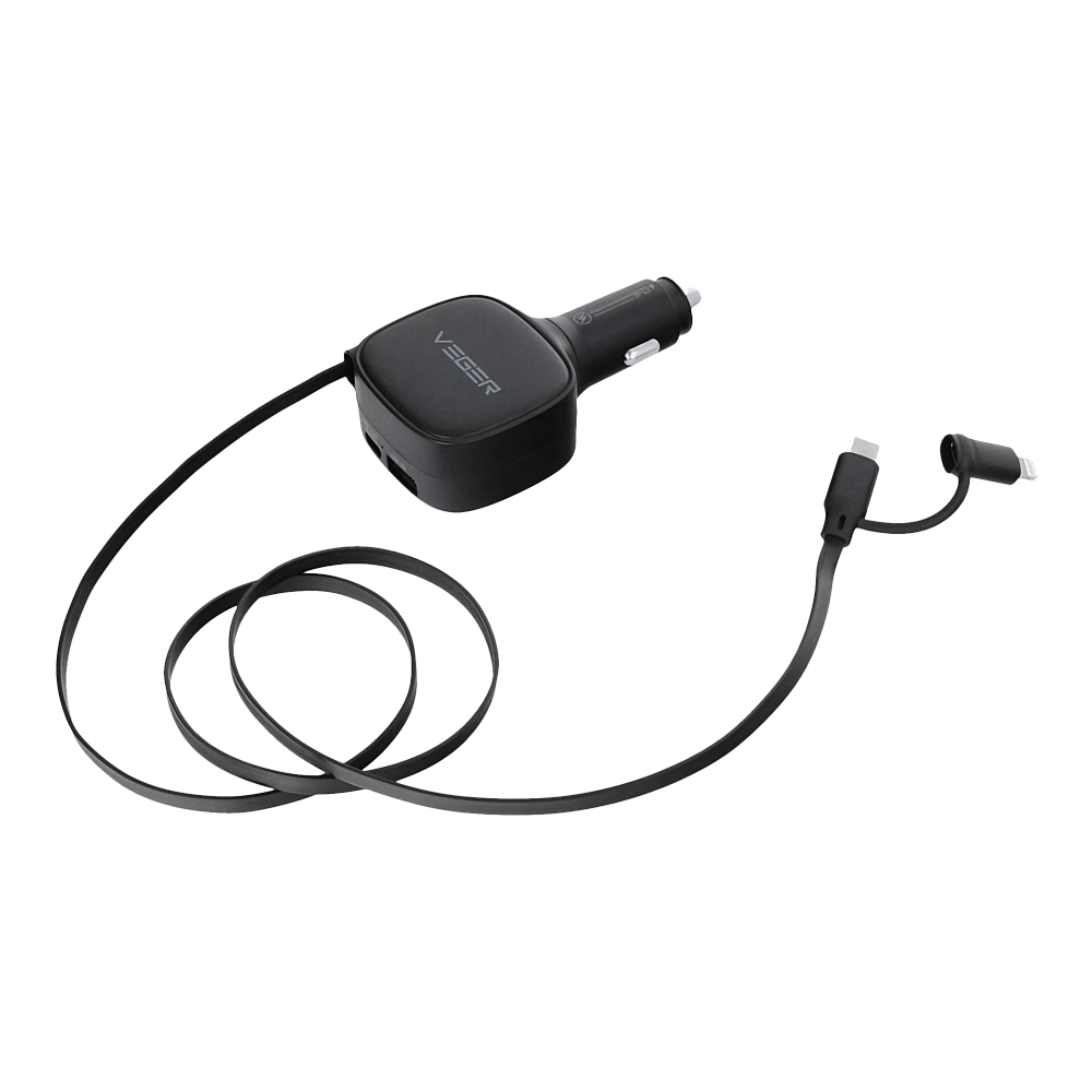 (VG-CC89) VEGER - Mechero coche - Potencia 84W - Carga rápida PD 30W, QC 18W, PPS 33W - Salidas USB-C, USB-A y cables incluidos - Cables incluidos: USB-C y Lightning