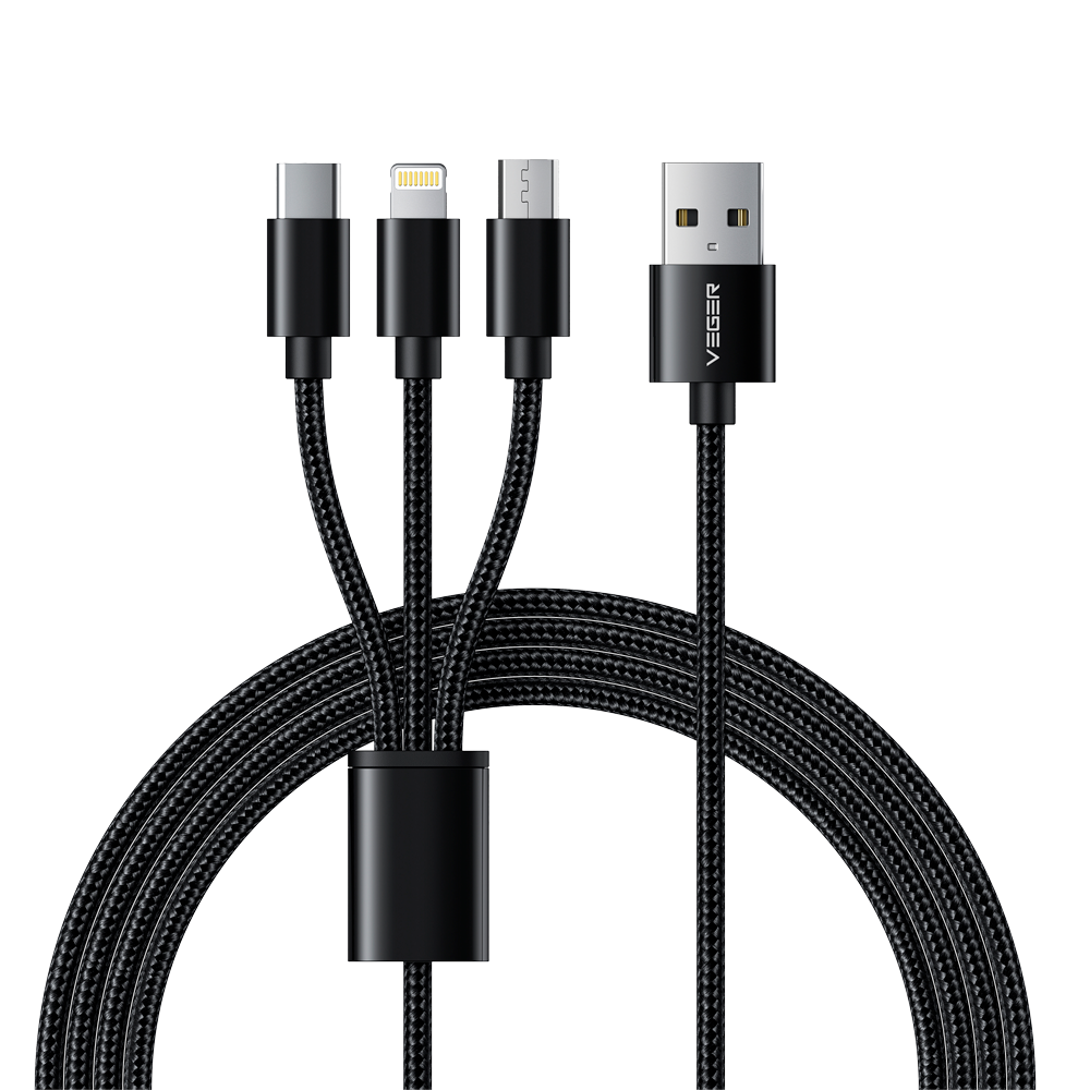 (VG-V303) Veger - Câble USB 3 dans 1 - USB-A vers USB-C, Lightning et Micro-USB - Couvercle métallique, nylon tressé  - Longueur 1.5m - Couleur noir