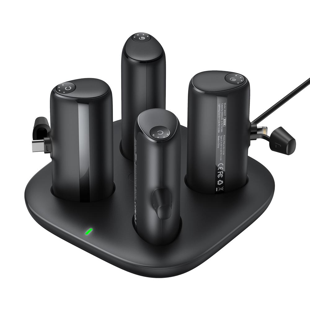 (VG-W007) VEGER 4 batteries externes avec socle de chargement - Capacité 5000mAh / Batterie externe - Entrées Broche POGO, USB-C, Connecteur USB-C - Sorties 2 avec Lightning, 2 avec USB-C - Charge les 4 batteries externes à la fois - Charge rapide PD20W