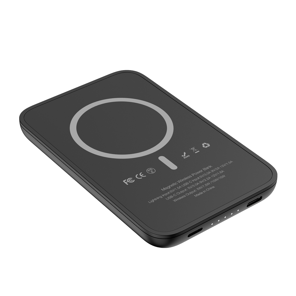 (VG-W0553P) Batterie externe magnétique sans fil VEGER - Capacité 5000mAh - Entrées USB-C, Lightning - Sorties USB-C, sans fil  - Charge des 2 dispositifs  | Support pliable - Chargement rapide PD20W / QI sans fil