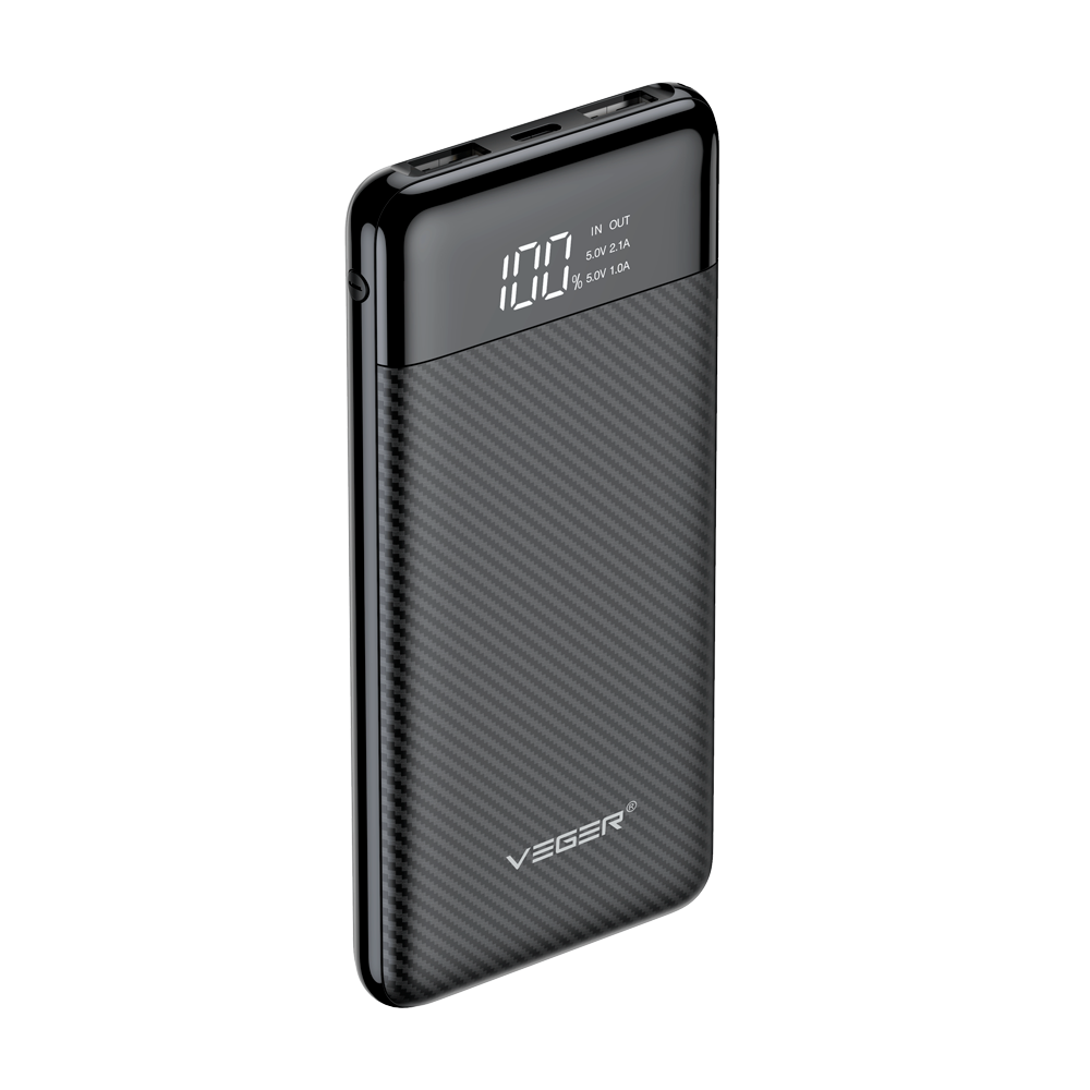 (VG-W1087) Batterie externe VEGER avec écran LCD - Capacité 10000mAh - Entrées USB-C, Micro USB - Sorties USB-C, USB-A  - Charge 2 dispositifs à la fois - Couleur noir