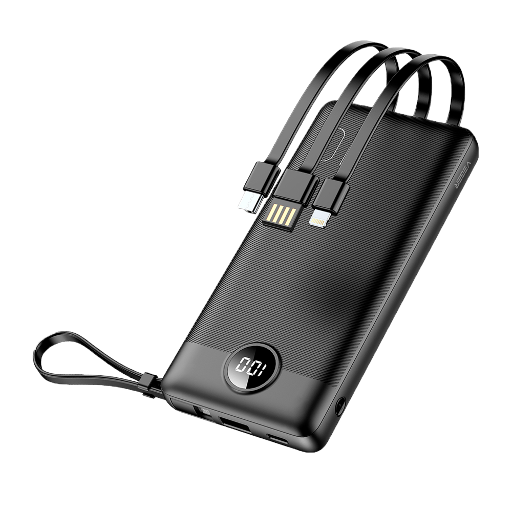 (VG-W1116) Batterie externe VEGER avec écran LCD - Capacité 10000mAh - Entrées USB-C, câble USB-A - Sorties USB-C USB-A et câbles intégrés - Câbles USB-C, Lightning et MicroUSB intégrés - Charge 4 dispositifs à la fois