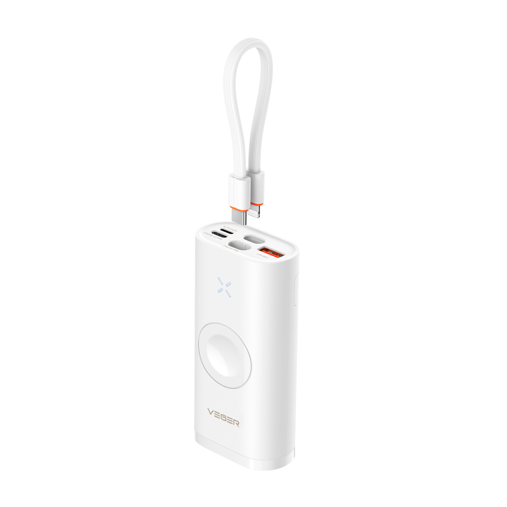 (VG-W1162S) Mini batterie externe VEGER avec LED pour la charge - Capacité 10000mAh - Entrées USB-C, Lightning - Sorties 2x USB-C, USB-A, sans fil - Charge 3 dispositifs à la fois - Charge rapide PD25W