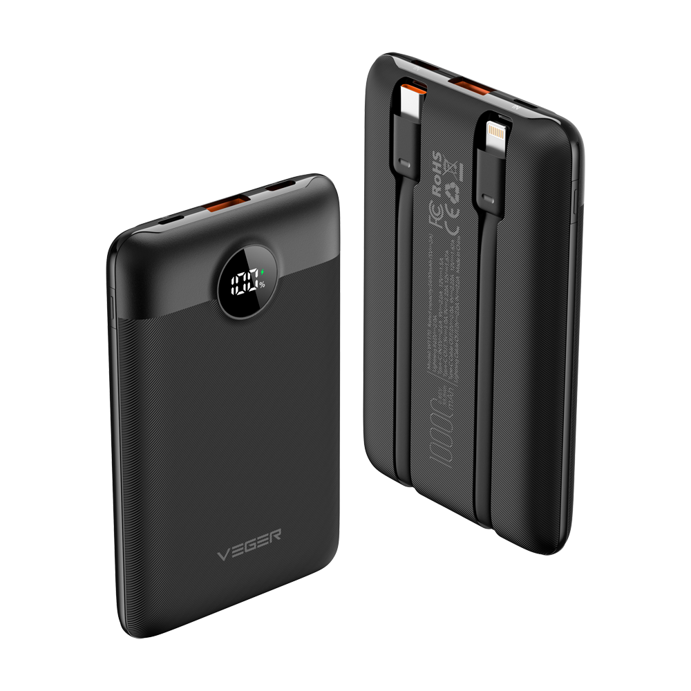 (VG-W1170) Batterie externe VEGER avec écran LCD - Capacité 10000mAh - Entrées Lightning, USB-C, câble USB-C - Sorties USB-A, USB-C et câbles intégrés - Câbles intégrés: USB-C et Lightning - Chargement rapide de 3 dispositifs en même temps